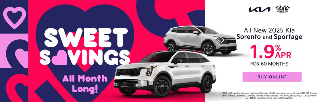 GET 1.9% FOR 60 MONTHS ALL NEW 2025 KIA SORENTO AND SPORTAGES